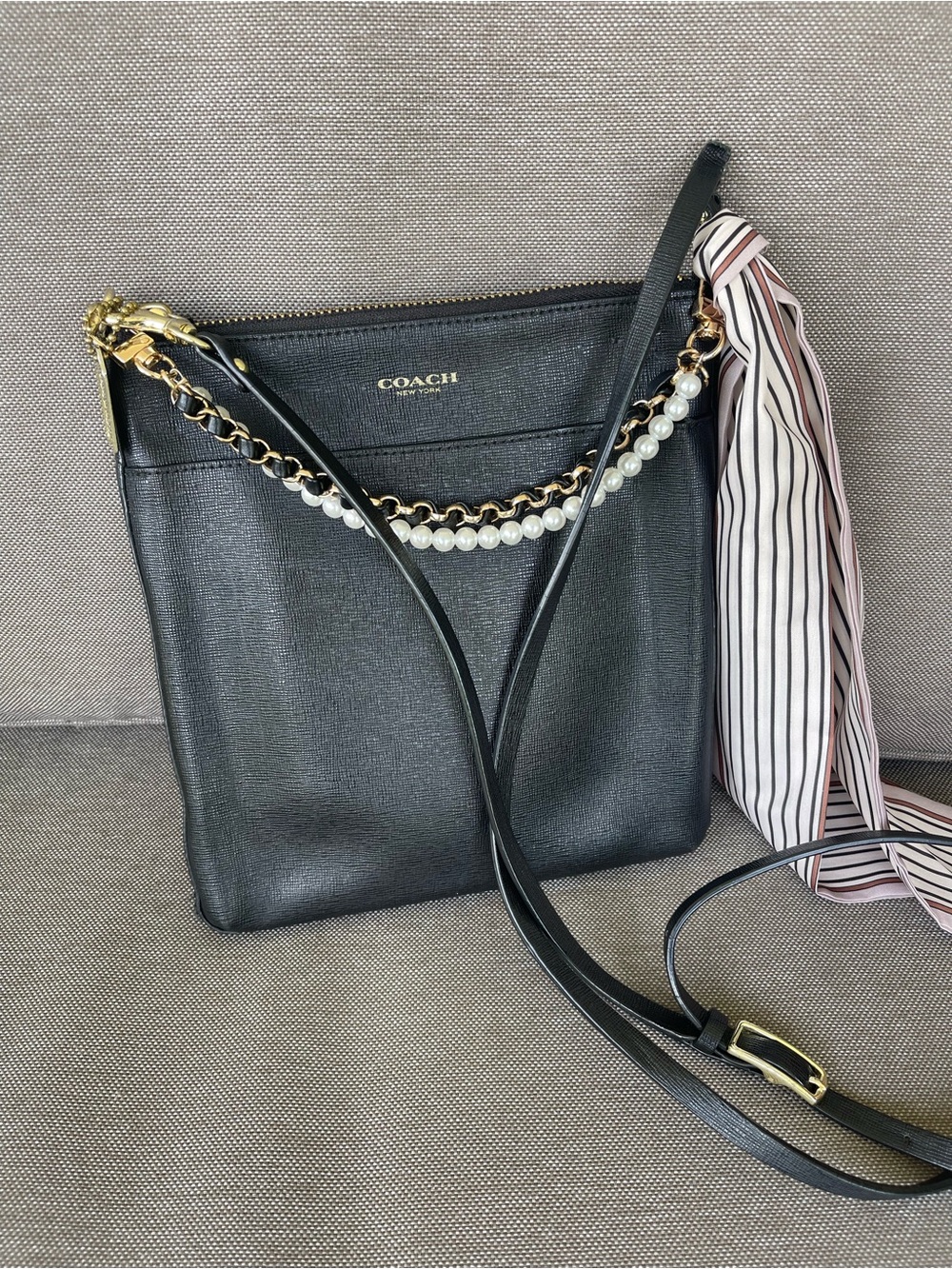 COACH Black Leather Crossbody with Gold Chain & Pearl Accent